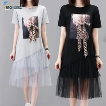 Женское летнее платье с героями мультфильмов, с коротким рукавом, серое, черное, Сетчатое, из кусков, с рюшами, леопардовое, с галстуком-бабочкой, платье A123