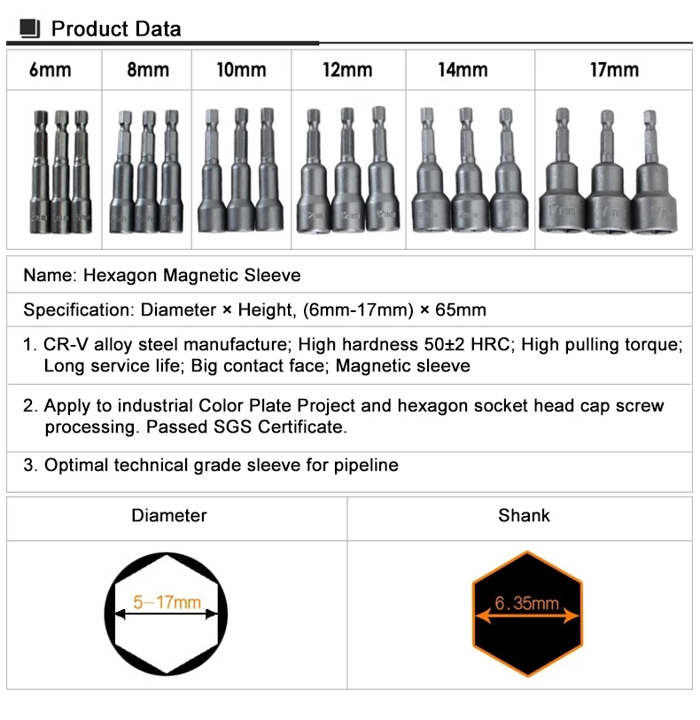 LOMVUM, 6 шт., 6 мм-17 мм, шестигранная муфта, насадки, набор магнитных гаек, набор сверл, адаптер, шестигранные электроинструменты