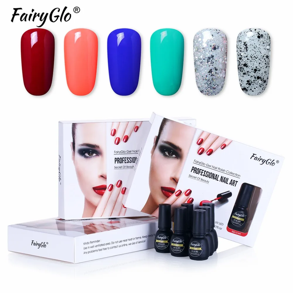 FairyGlo 6 шт./кор. набор гелевых ногтей УФ Однотонная Одежда Комплект гель-лаков для ногтей гибрид гель Лаки Краски покрытие для ногтей, полустойкое к Lucky лак для горячего тиснения клей