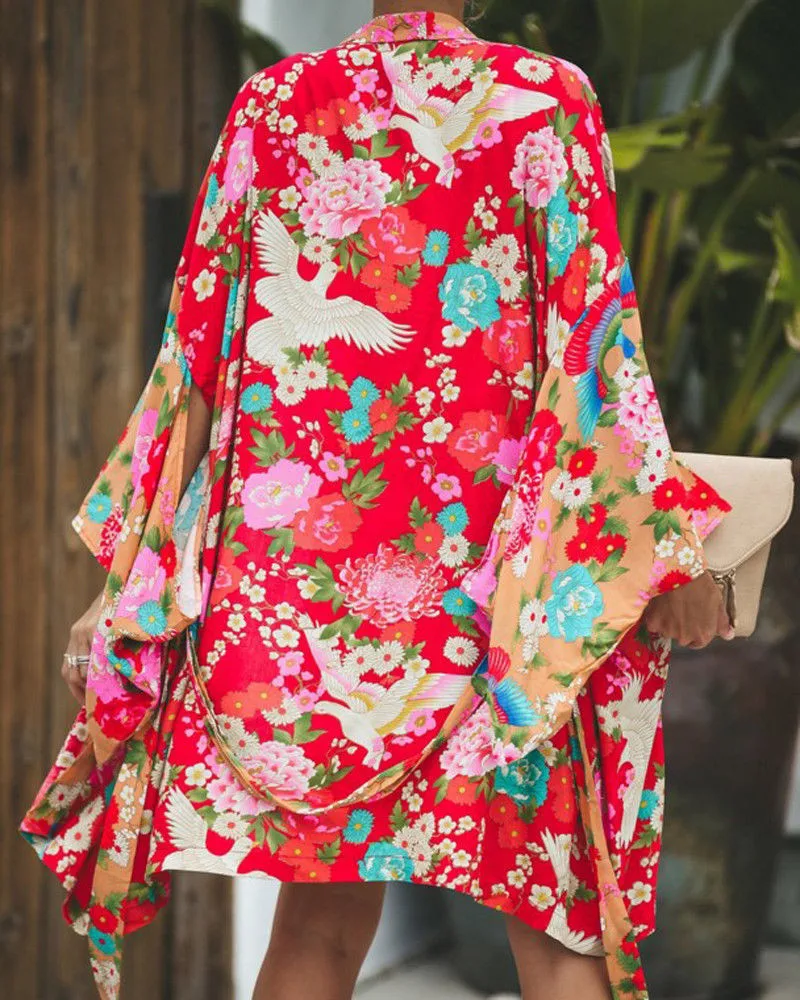2019 Autumn Summer Women Long Sleeve Bohemian Floral Casual Loose Long Blouse Kimono Long Cardigan Flare Sleeve Print Thin Shirt