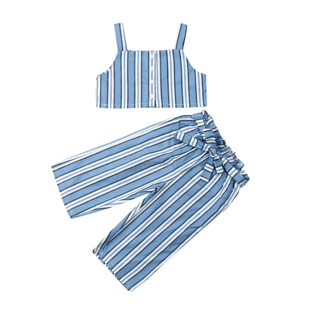 

2019 Toddler Kids Baby Girls Summer Striped Sling Tops T-shirt Bandage Long Pants 2Pcs Set Outfits Clothes 1-6Y