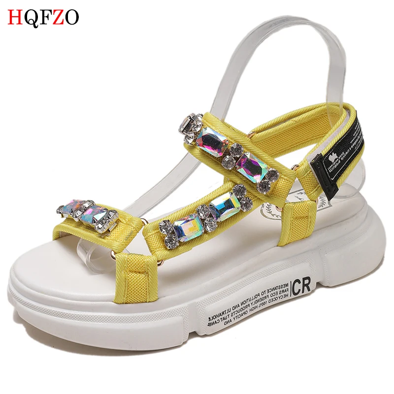 

HQFZO Leisure Bling Rhinestone Sandals Open Toe Flat Heel Crystal Platform Summer Shoes Cross-tied Hook Sandalias Mujer 2019
