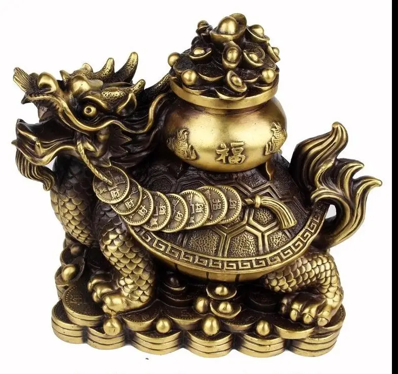 

671115278++China Brass Copper Fengshui Yuanbao Treasure bowl Dragon Turtle Tortoise Statue