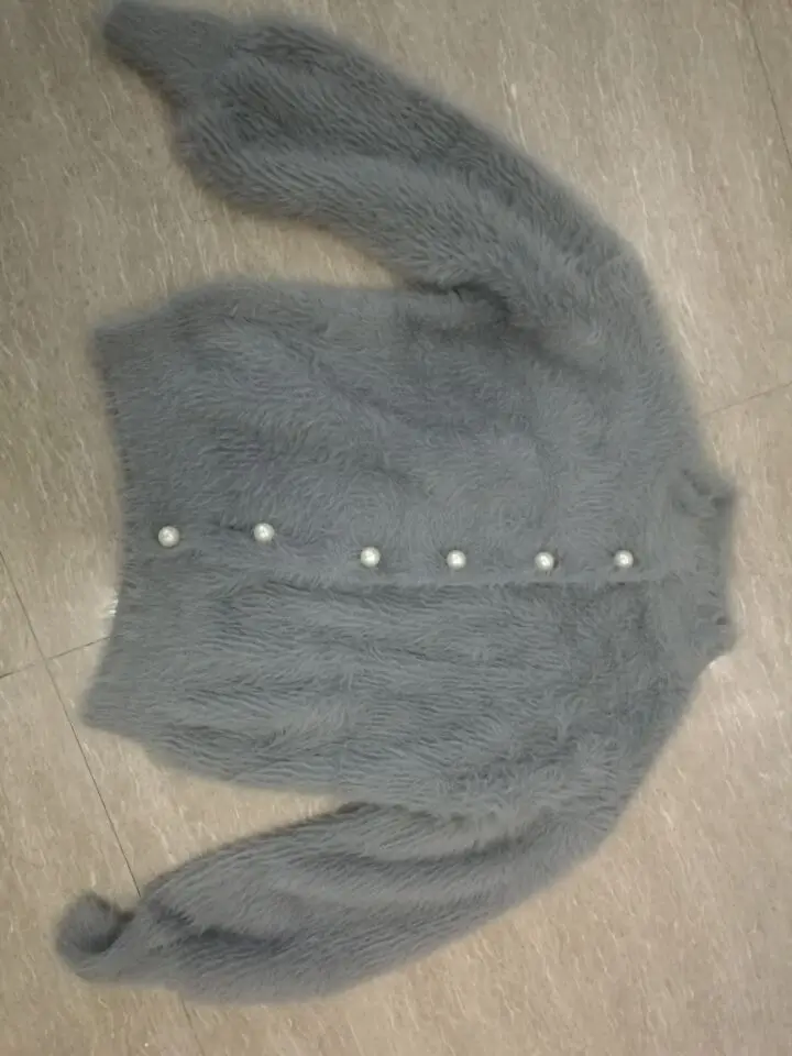 gray SS, зима/осень, Модный женский кардиган с круглым вырезом, жемчужными пуговицами и рукавами-фонариками, Женский Одноцветный кашемировый кардиган из искусственной норки, свитер - Цвет: gray