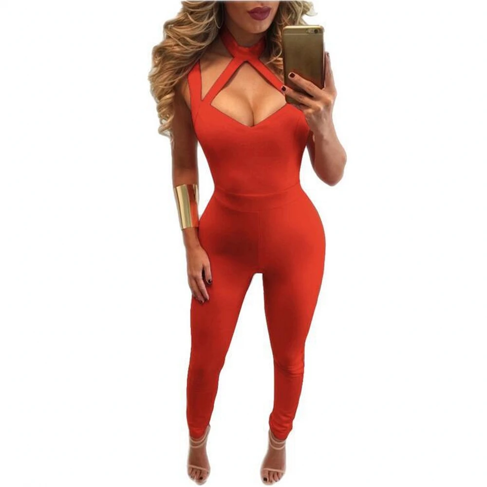 

Women Sexy Bodycon Jumpsuits Barboteuse Summer Halter Sleeveless Back Deep V Open Skinny Overalls Full Length Rompers FK1537