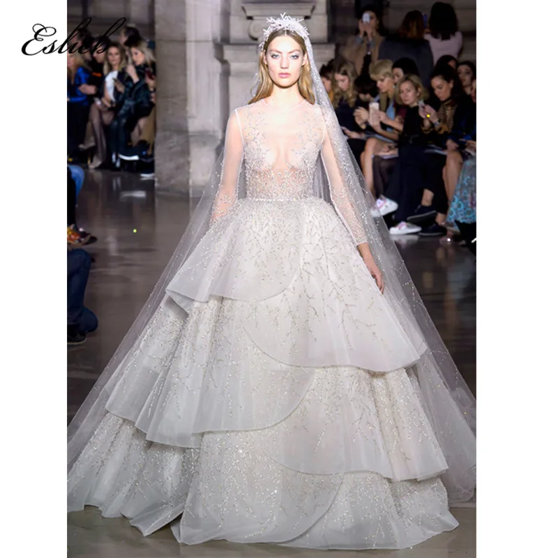 Потрясающее Свадебное Платье бальный наряд тяжелый с бисером и кружевом роскошное свадебное платье с длинными рукавами Прозрачный лиф