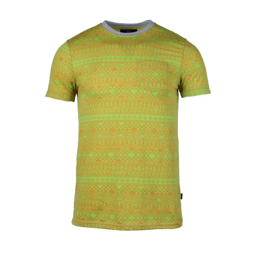 Men T Shirt Light Green Geometry Stripe Jacquard Cotton Male O Neck