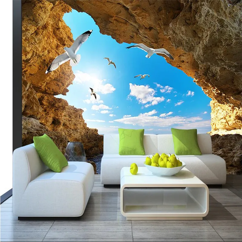 wall wallpaper 3d art background photography Ocean reef rock caves seagull hotel bedroom mural Custom painting for living room