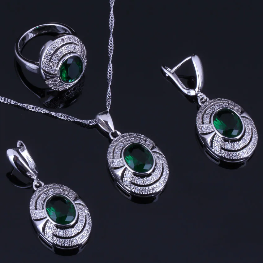 Elegant Oval Egg Green Cubic Zirconia White CZ Silver Plated Jewelry Sets Earrings Pendant Chain Ring V0270 | Украшения и