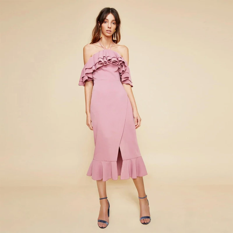New Update Graceful Summer Halter Midi Women Party Dress With Mermaid