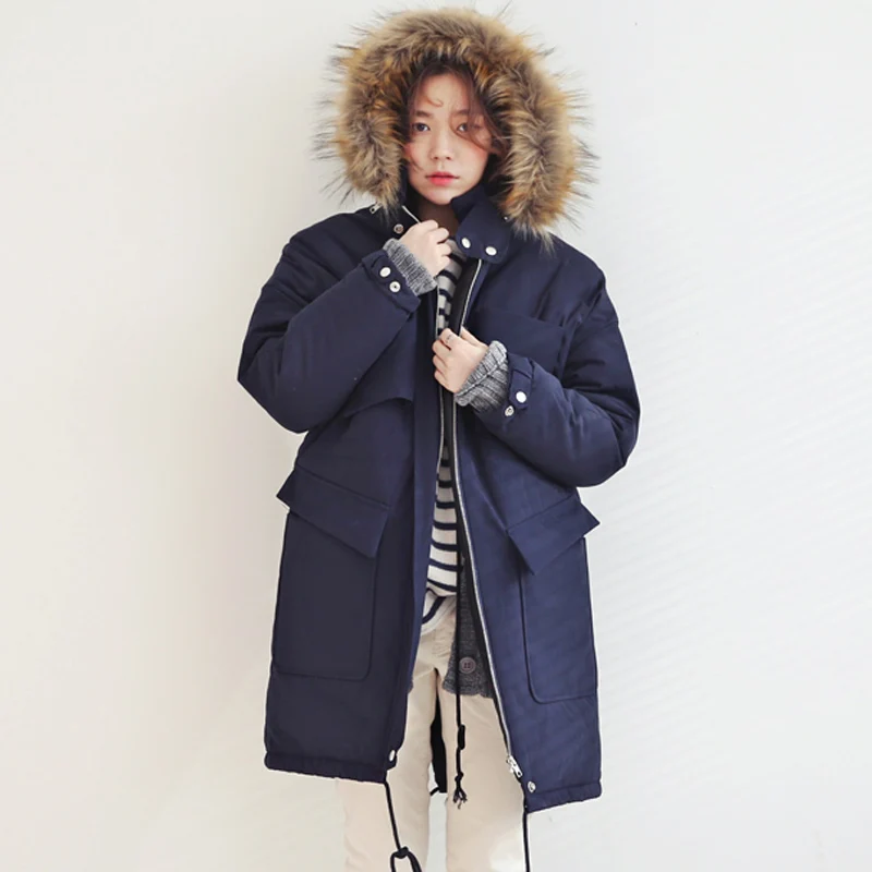 

2016 New Woman Cotton Parkas , Warm Nature Fur Collar Hooded Cotton Winter Jackets Female Army Green Black Over Size Coat