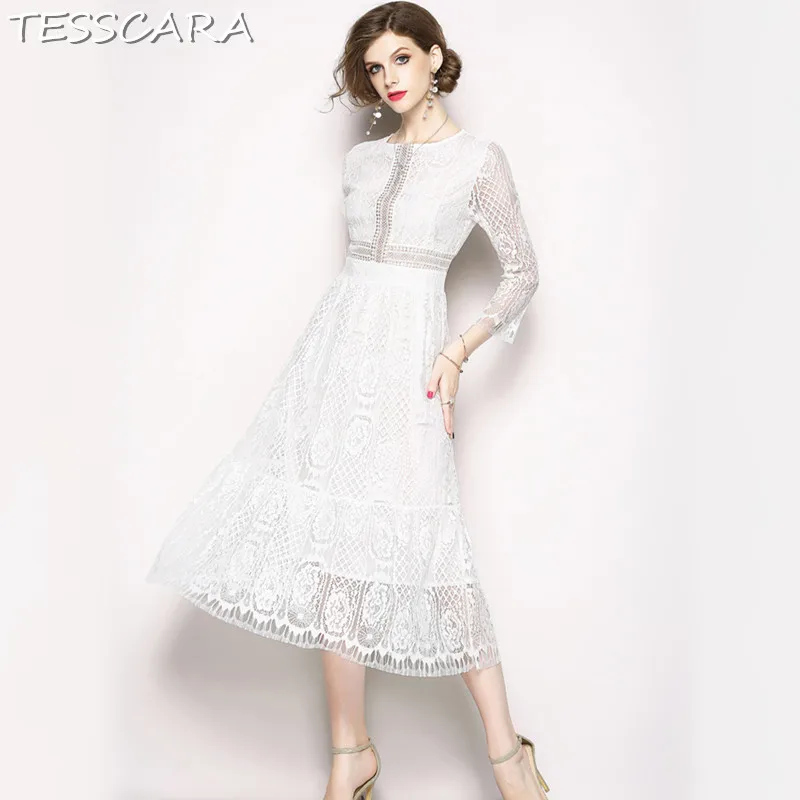 

TESSCARA Women Spring Summer Luxury White Lace Dress Female Elegant Robe Femme High Quality Vintage Designer Long Party Vestidos