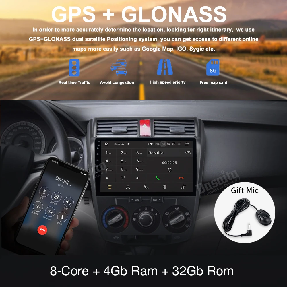 Flash Deal 10.2" Android 8.0 Car GPS Player IPS Screen 4G+32G for Honda City 2008-2012 Car Stereo Multimedia Bluetooth No DVD player Radio 6