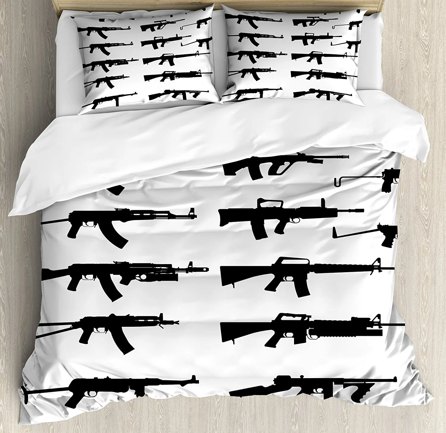 Military Duvet Cover Set Silhouette of Various Size Guns Weapons Pistols Revolvers War Army