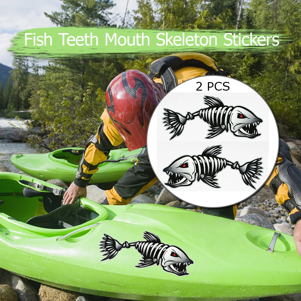 

2 Pieces Fish Teeth Mouth Stickers Skeleton Fish Stickers Fishing Boat Canoe Kayak Graphics Accessories Fish Sticker