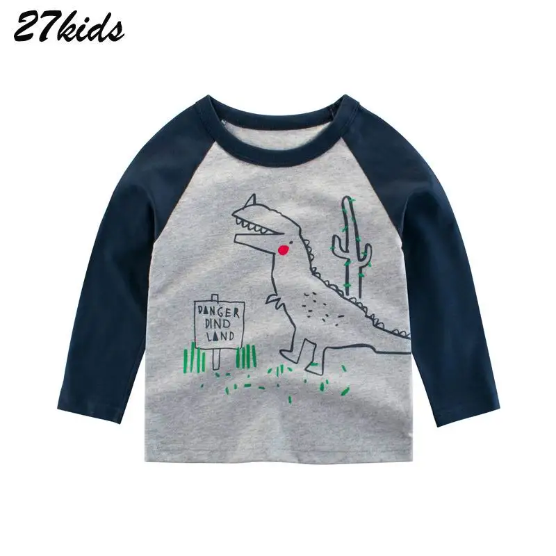 27, Детская футболка с длинными рукавами и рисунком динозавра для мальчиков 2-9 лет Весенние футболки для мальчиков, детская одежда полной длины хлопковый топ