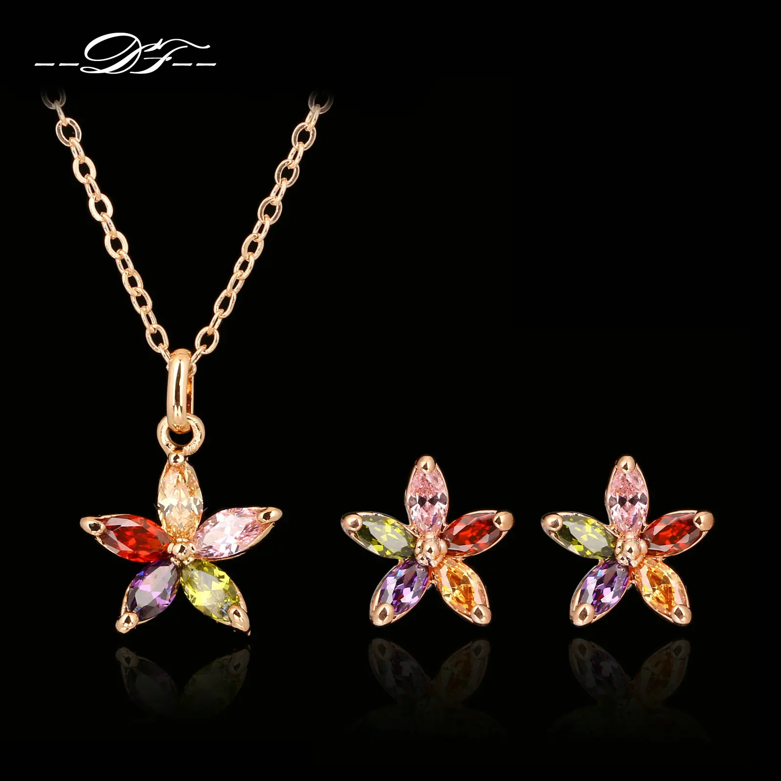 Rhinestone Flower Party Necklaces Pendants&Earrings Rose Gold Color Crystal Crystal Wedding