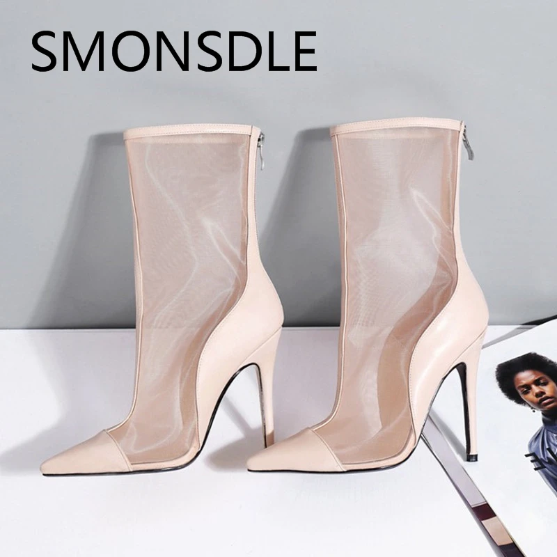 

2018 New Fashion Air Mesh Women Sandals Black Pointed Toe Back Zipper Thin High Heels Ladies Sexy Summer Boots Pary Shoes Woman