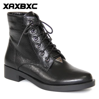 

XAXBXC Retro British Style Leather Brogues Oxfords Short Boot Women Shoes Black Lace Up Round Toe Handmade Casual Lady Shoes