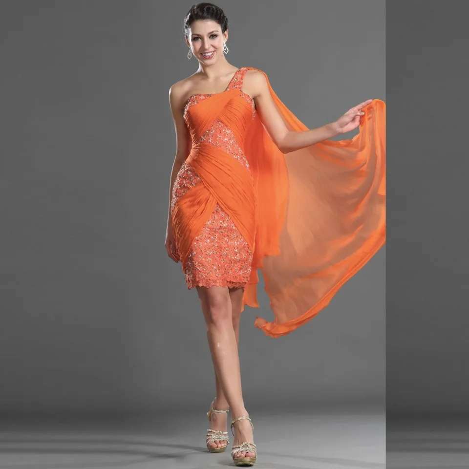

On sale mini bling rhinestone beaded ruffles orange chiffon sheath one shoulder custom made cheap short cocktail dresses sexy