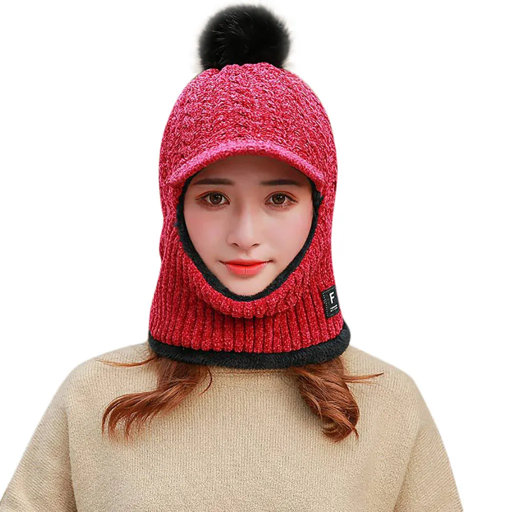 FWarm шеи вязаная шапка меховая Кепка с помпонами маска зимняя шапка для девочки шерсть Skullies шапка женская Балаклава sacrf# G3