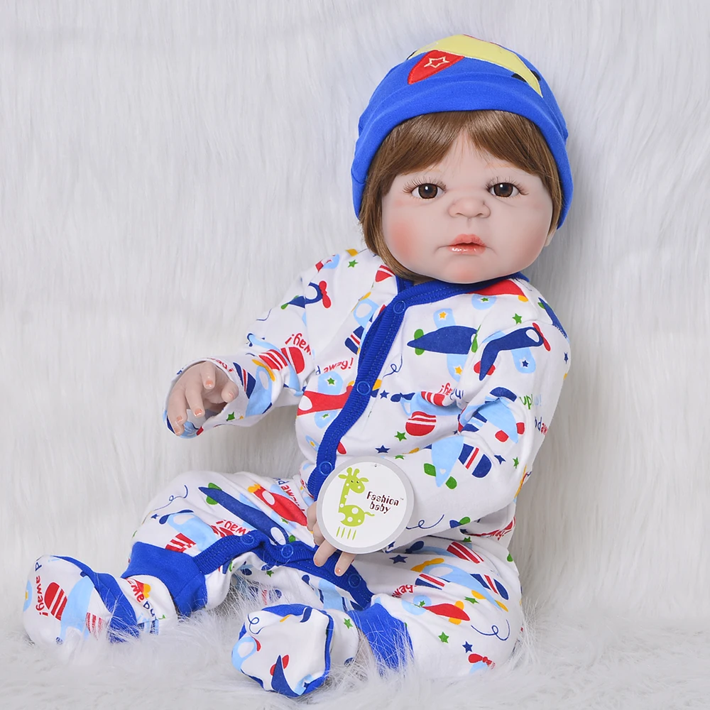 

Fashion 23'' Reborn Dolls Full Silicone Vinyl Newborn Baby Doll Realistic Reborns Boy Toy Gift Light Brown Hair Wig Kid Playmate