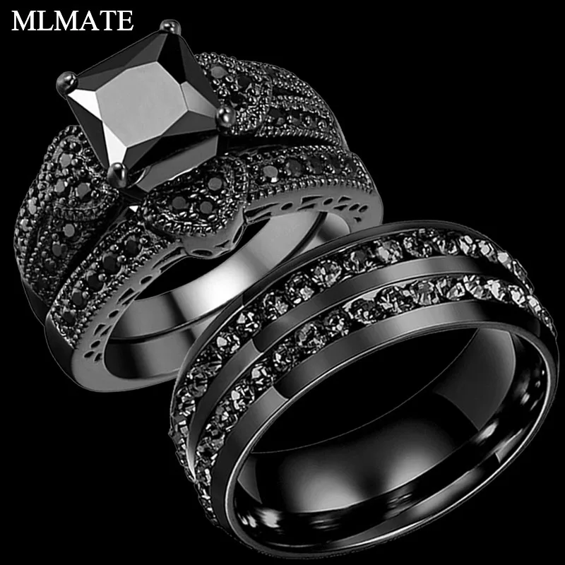 Couple Rings Men and Women Black Stainless Steel CZ Wedding Ring Band Set