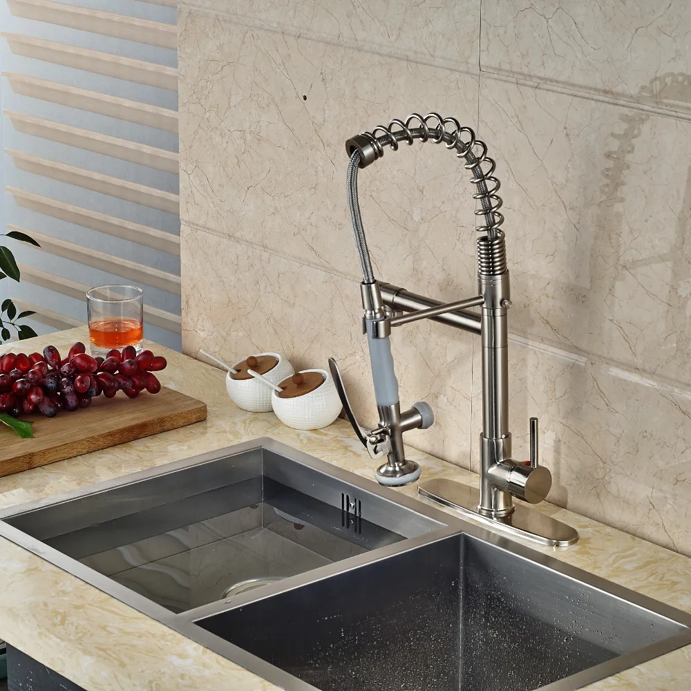 Luxury Nickel Brushed Kitchen Faucet Dual Spouts Vessel Sink Mixer Tap Plate
