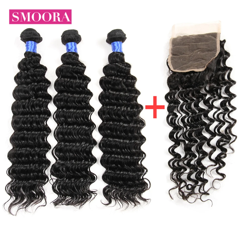 Smoora Brazilian Deep Wave Hair Human Hair Bundles With Closure Deep Curl 3 4 Bundles With Closure 4*4 Free Middle Three Part