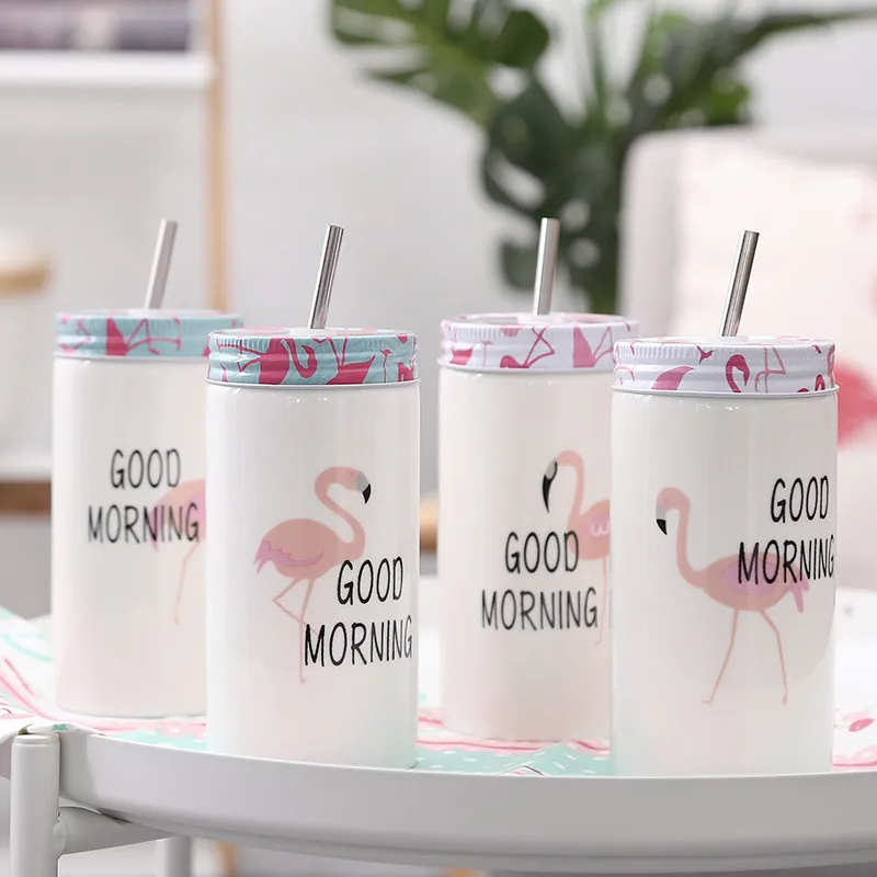

Creative Flamingo Coffee Mug Ceramic Threaded Lid Milk Tea Cup with Stainless Steel Straw Drinkware Unique Cup