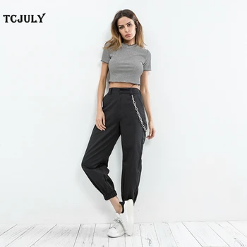 

TCJULY Fashion Solid Cotton Cargo Pants With Chains High Waist Casual Women's Trousers Streetwear Slim Jogger Pants With Pockets