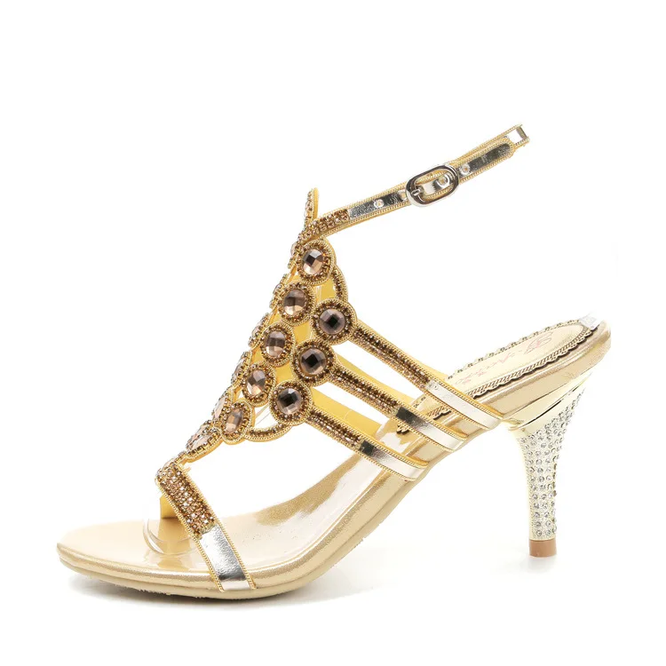 2016 Summer New Rhinestone Diamond Gold Dress Sandals For Wedding Womens High Heel Stiletto Shoes Size 1013