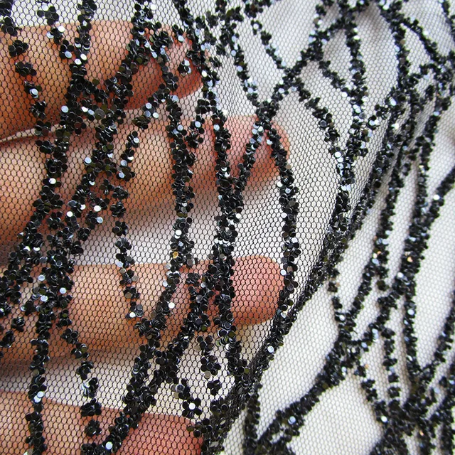 360cm*145cm french black glitter glued sequins net fabric african