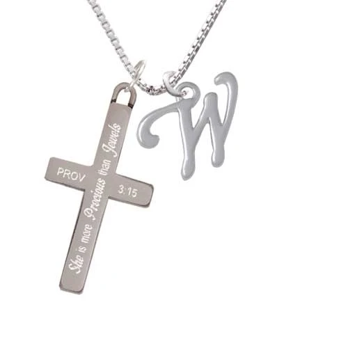 Small Gelato Script Initial - W - - She is More Precious - Cross Necklace (1)