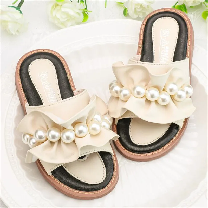 beige Weoneit/модные сандалии; шлепанцы для девочек; цвет розовый, бежевый; пляжная обувь; детские шлепанцы с бисером и оборками; милые мягкие; CN 25-34 - Цвет: beige