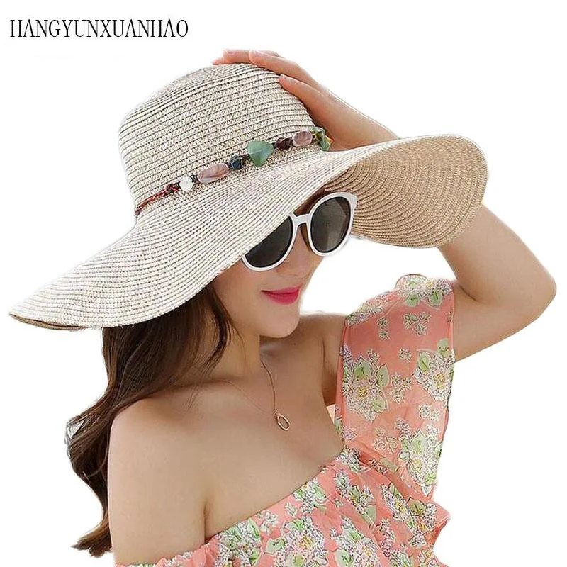 

2019 Hot Women Big Brim Sun Hat Colorful Stone Hand Wide Brim Foldable Summer Beach Straw Cap With Shell Chain Fashion New
