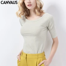CANVAUS Summer Women Cotton Slim Striped Round Collar Short Sleeve T shirt Fashion Casual Office Lady