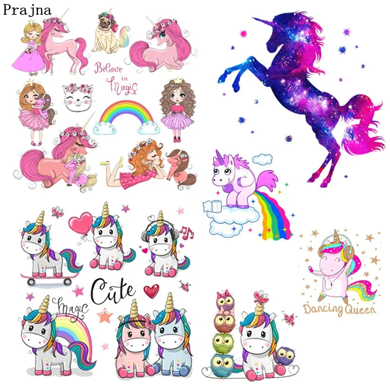 

Prajna Unicorn Iron On Heat Transfers Vinyl Cartoon Ironing Thermal Stickers On Kids T-shirt DIY Patches For Clothing Applique