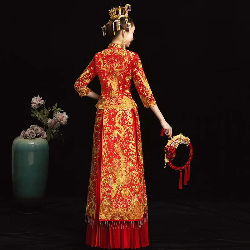 Невесты современный с новогодней елкой, бумажный платье свадебное Qipao Su вышивка платье Китайский халат в восточном стиле вечернее платье