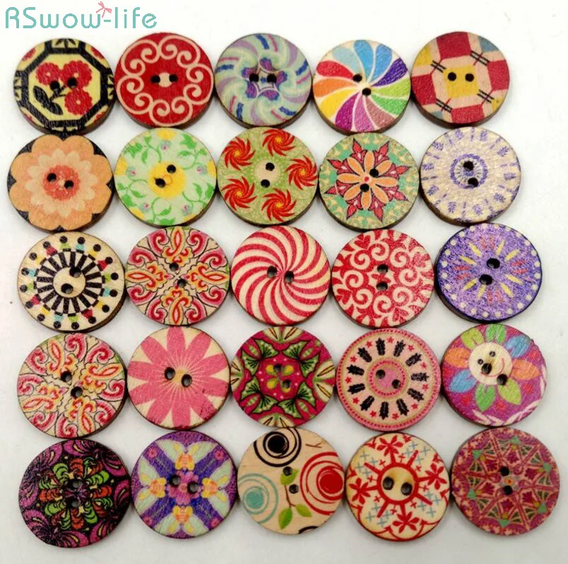 

20Pcs Manual DIY Vintage Buttons Snap Button 20MM Wooden Buttons Color Pattern Button For DIY Apparel Sewing