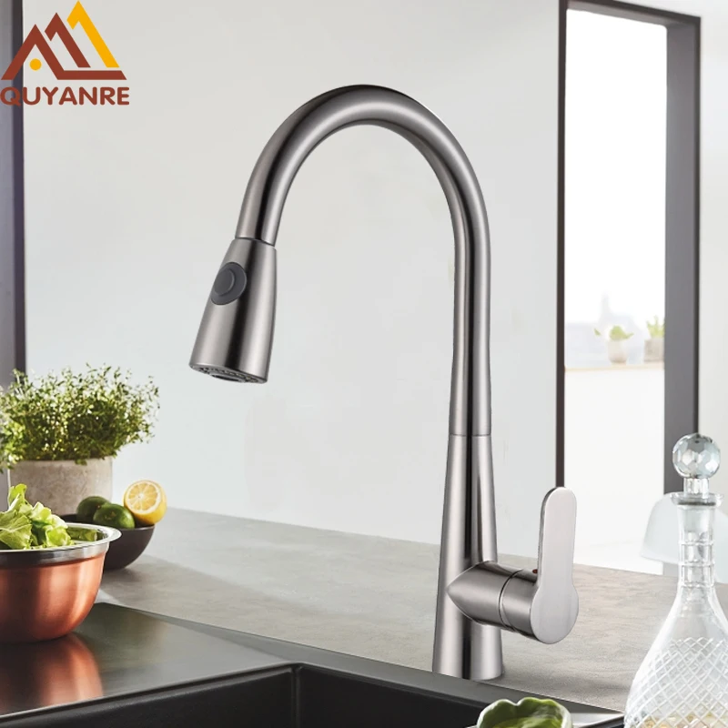 

Quyanre Brushed Nickel Kitchen Faucet Pull Out Water Mixer Taps Sink Mixer Tap Swivel Spout Sink Faucet Torneira Tap Basin Tap