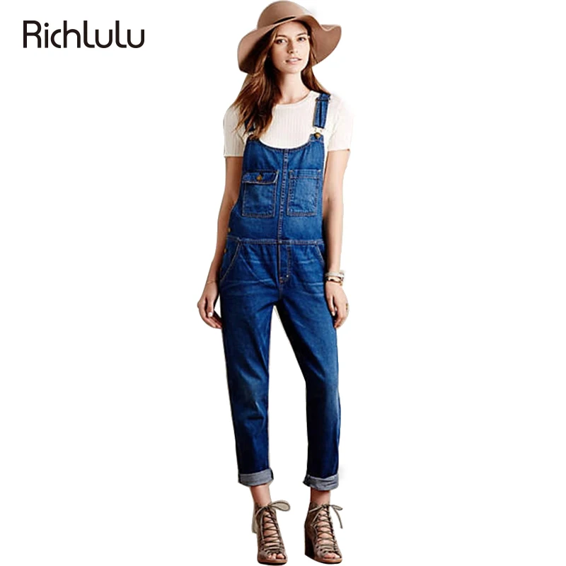 RichLuLu Blue Overalls Denim Jeans Jumpsuit Women Basic Slim Casual