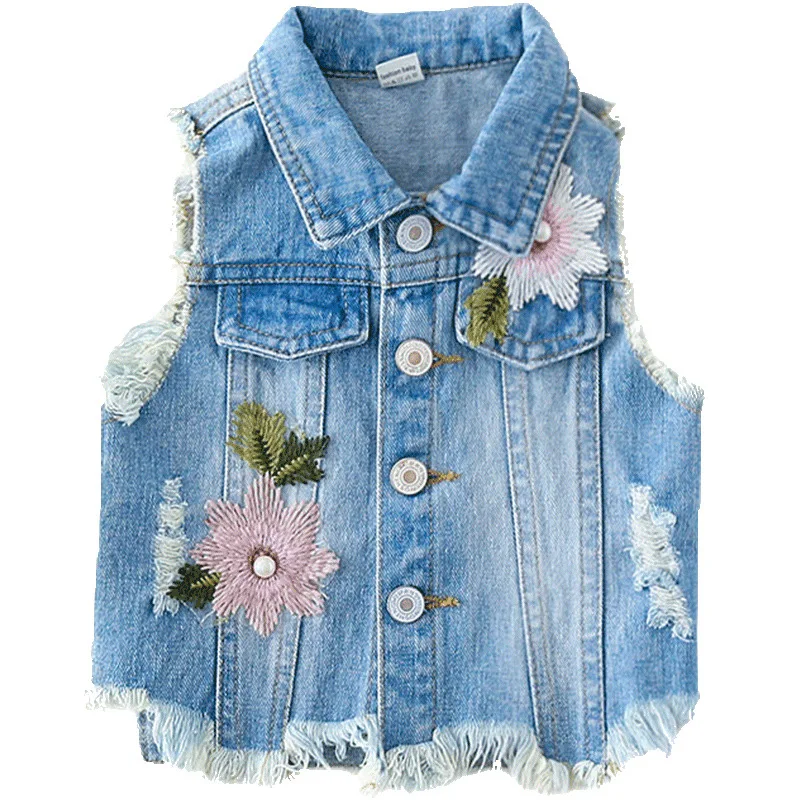 

Kids Denim Vests 2019 Spring Embroidery Floral Cotton Jacket Denim Outerwear Baby Girls Waistcoats Soft Sleeveless Jackets LZ105