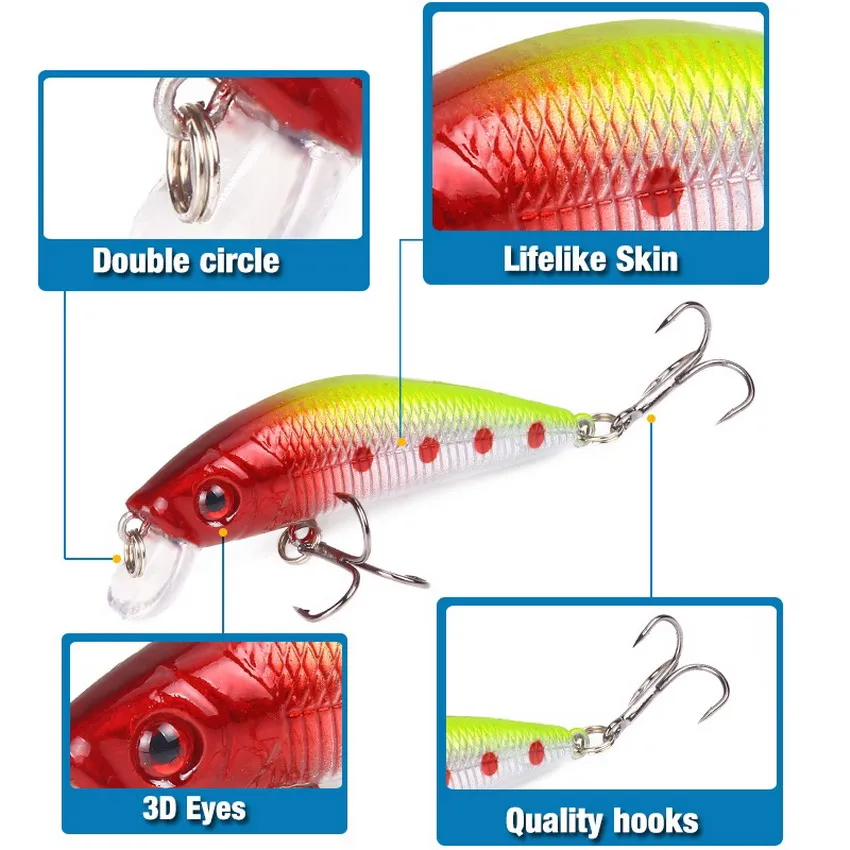 Aorace Minnow Fishing Lure 70mm 8g 3D Eyes Crankbait Wobblers Artificial Plastic Hard Bait Fishing Tackle
