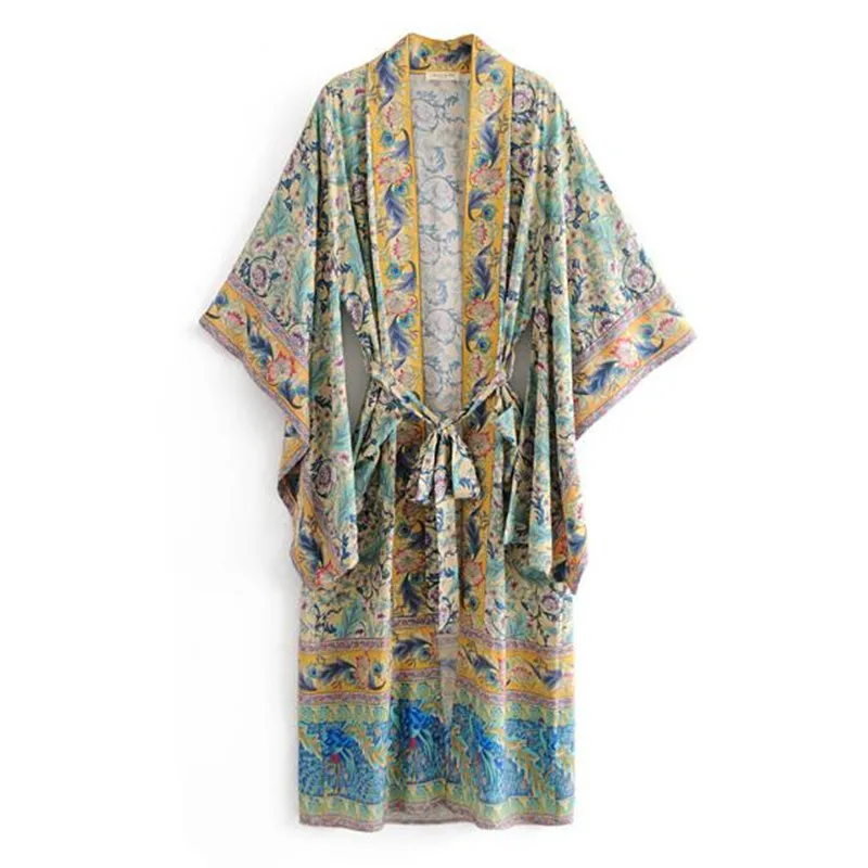 

2019 Women Bohemian V neck Pteris Flower Print Kimono Shirt Holiday Beach Bow tie Sashes Maxi Long Cardigan Blouse