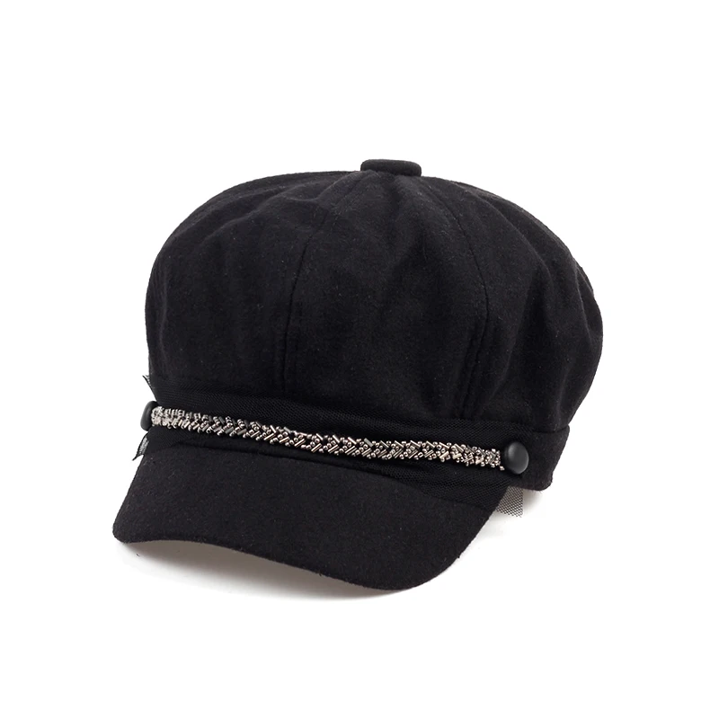 

VORON new design Iron chain woolen beret cap women winter warm berets men curved hat autumn fashion hats wholesale