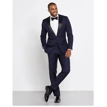 

2017 Navy Blue Custom Made Slim Fit Wedding Groom Tuxedos For Men Groomsman Best Man Suit Maillot Homme Jacket+Pants+Bow Tie