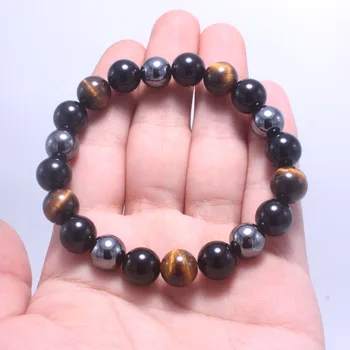 Bracelet Bouddhiste Oeil de Tigre, Onyx noir et Hématite