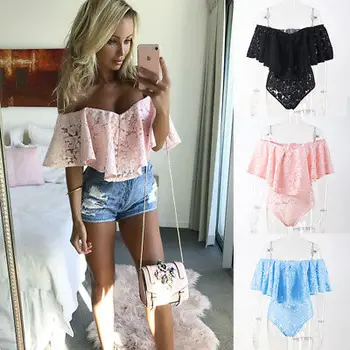 

2017 Women's Off Shoulder Bodysuit Ruffles Lace Patchwork Slash Neck Jumpsuit Romper Leotard Sexy Tops Black Pink Blue