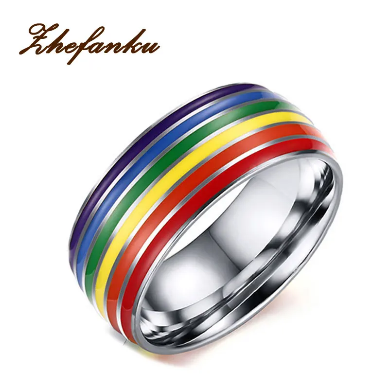 

Unisex Classic Engagement Wedding Band Ring Stainless Steel Enamel Colourful Rainbow Stripe Ring For Men Women Lover Jewelry